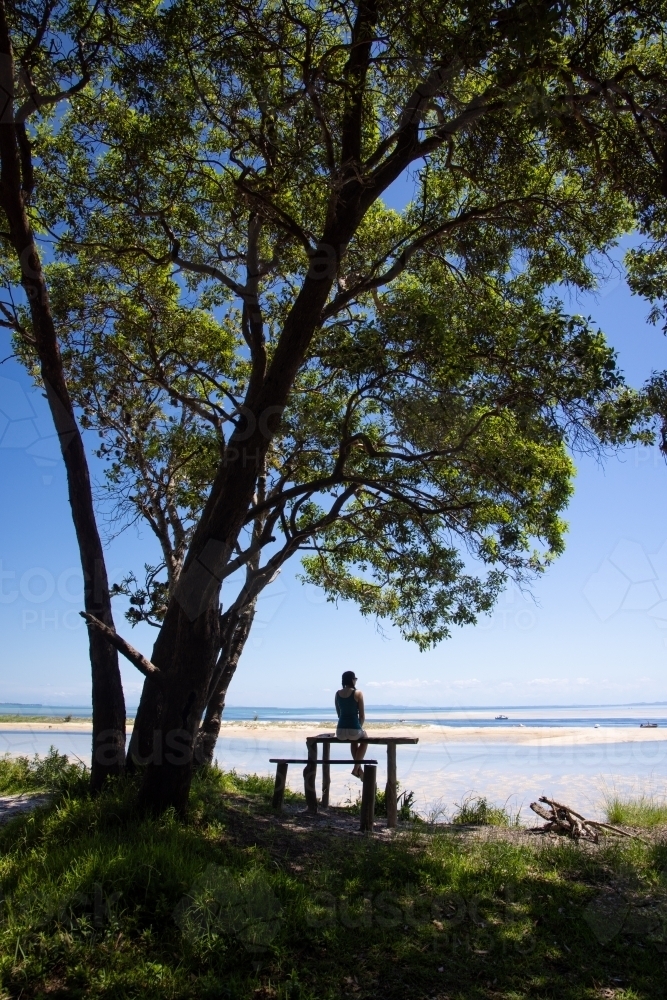 Silhouette of a woman sitting under a tree looking out towards Moreton Bay - Australian Stock Image