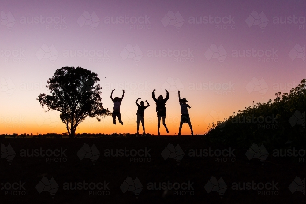 Silhouette of four children jumping near tree in paddock on farm at sunset - Australian Stock Image