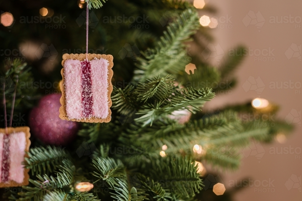 silly australian themed xmas tree with iced vovo biscuit - Australian Stock Image