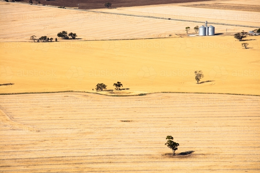 Silos and agricultural land in the Wimmera area of Western Victoria - Australian Stock Image