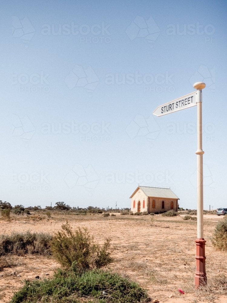 Silverton Chapel and Sturt Street sign - Australian Stock Image