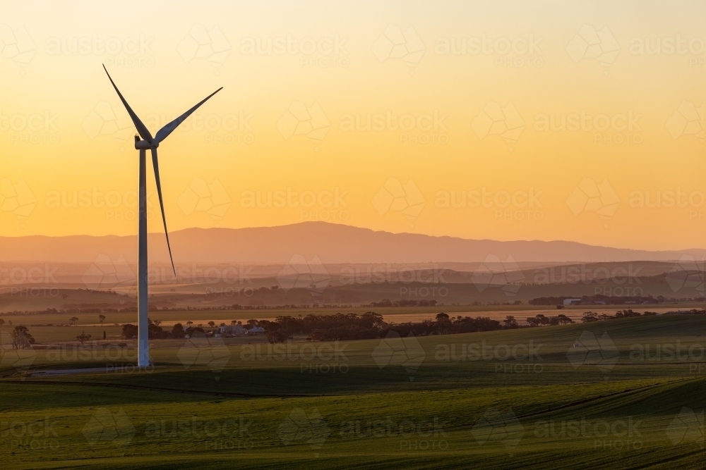 single wind turbine against golden afternoon sky - Australian Stock Image