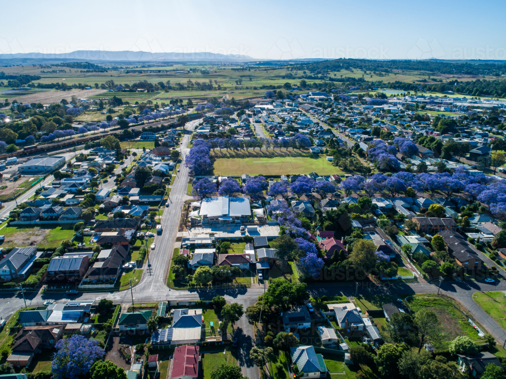 Singleton showground surrounded by streets and houses of residential part of country town - Australian Stock Image