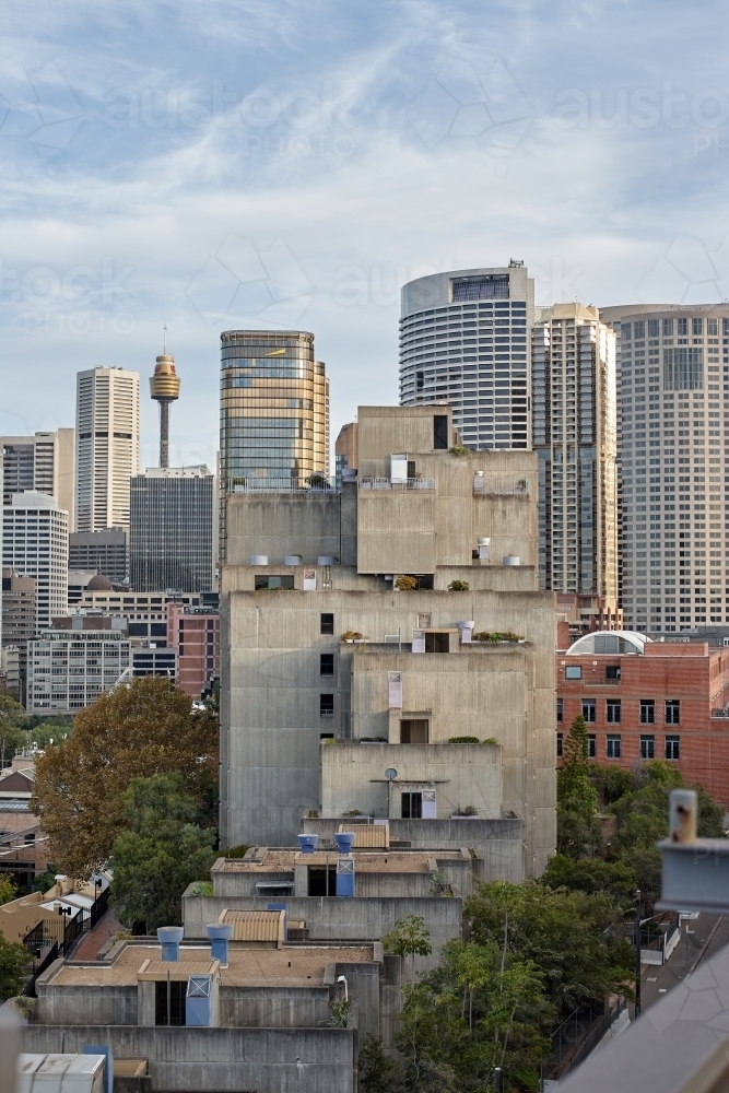 Sirius building, Circular Quay with cityscape behind - Australian Stock Image