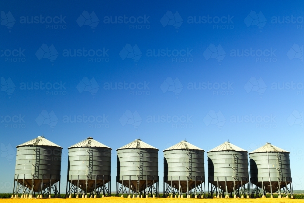 Six grain silos side by side on a farm near Breeza on the Liverpool Plains, New South Wales. - Australian Stock Image