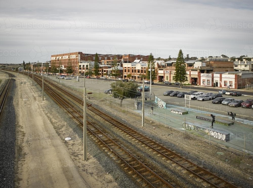 skateboard park beside train tracks in Fremantle - Australian Stock Image