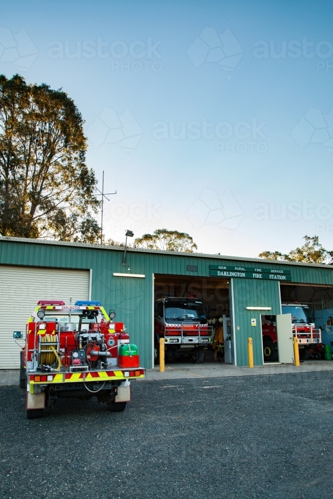 Small country fire truck parked at rural fire station ready for emergency - Australian Stock Image