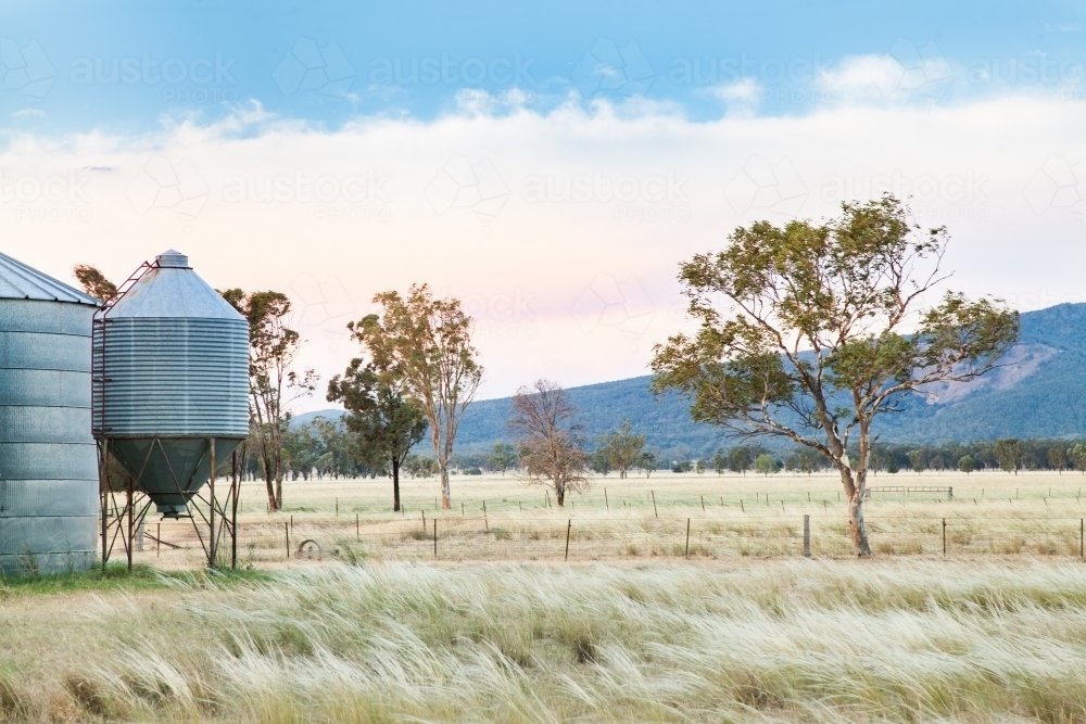 Small metal grain silos on rural farm property - Australian Stock Image