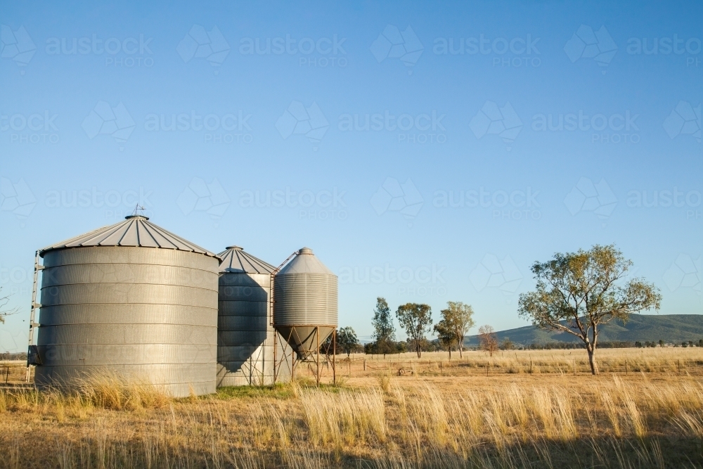 Image of Small metal grain silos on rural farm property Austockphoto