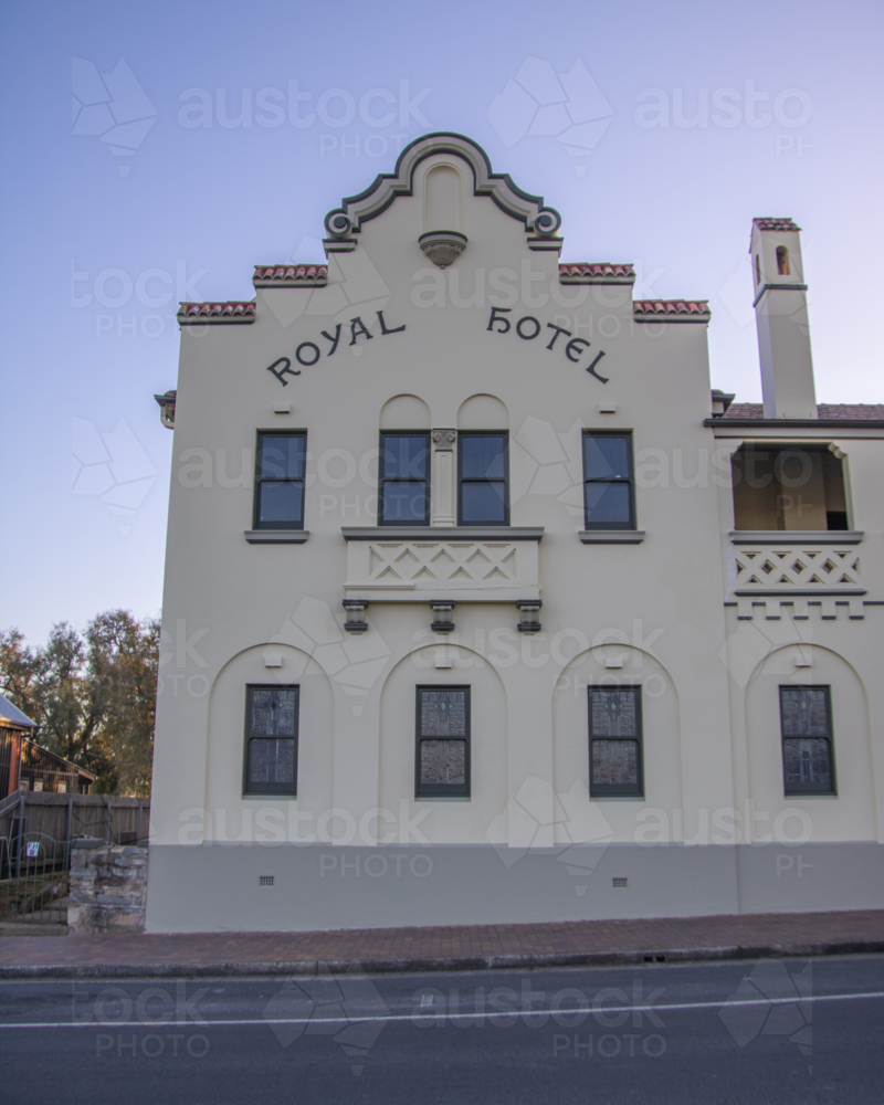 Small town pub building against a dawn sky - Australian Stock Image