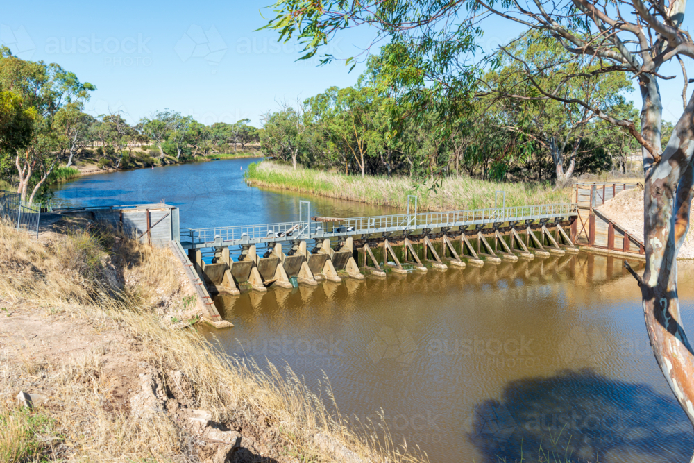 Small weir and river with surrounding trees and reeds under a clear blue sky. - Australian Stock Image