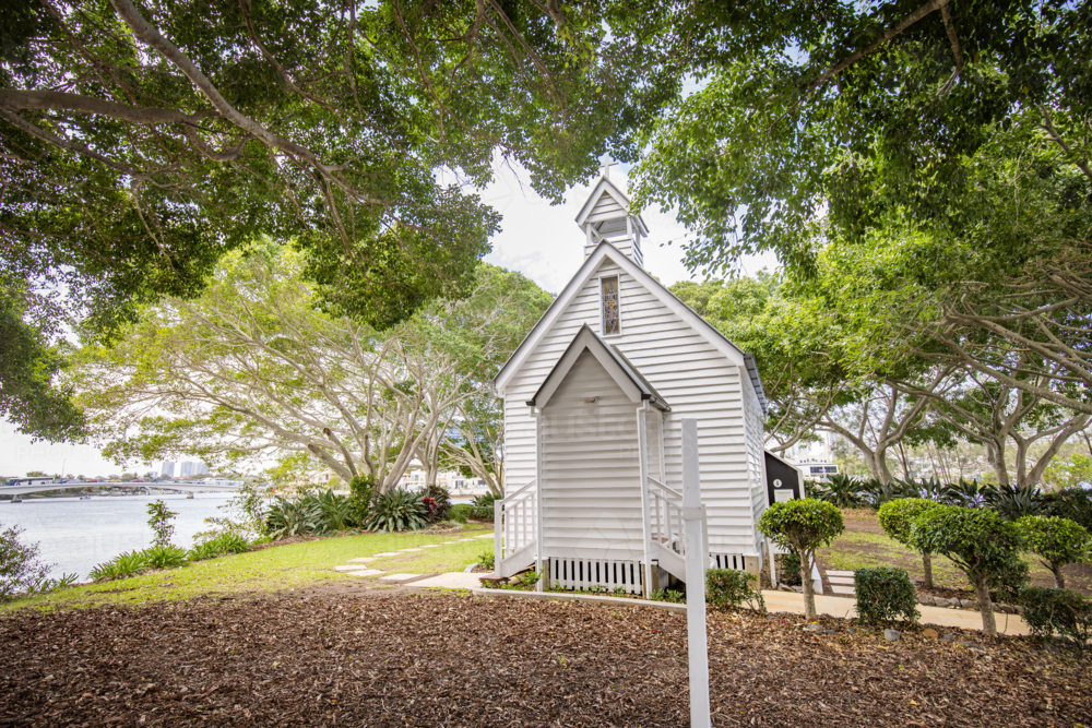 Small white wedding chapel at the Evandale Parklands on the Gold Coast - Australian Stock Image
