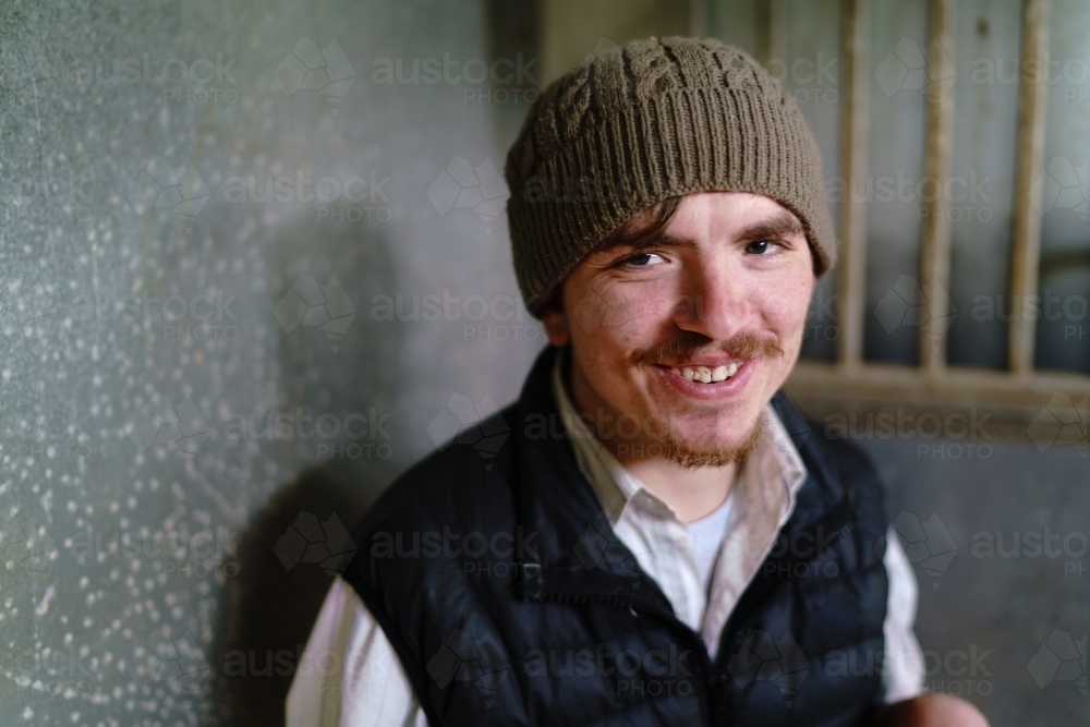 Smiling Man with a Brown Beanie - Australian Stock Image