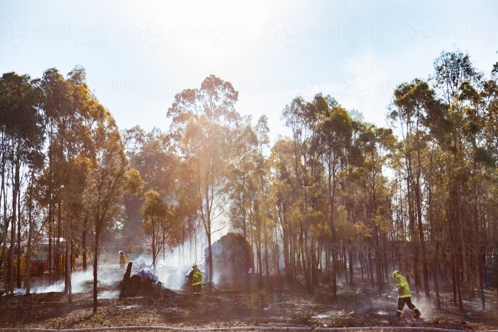 Smoke and trees with firefighters putting out small grass fire before it spreads - Australian Stock Image