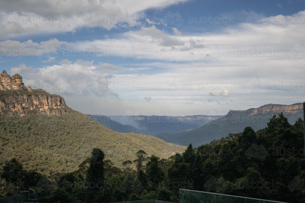 Smoke rising from bushfire in the Jamison Valley in the Blue Mountains - Australian Stock Image