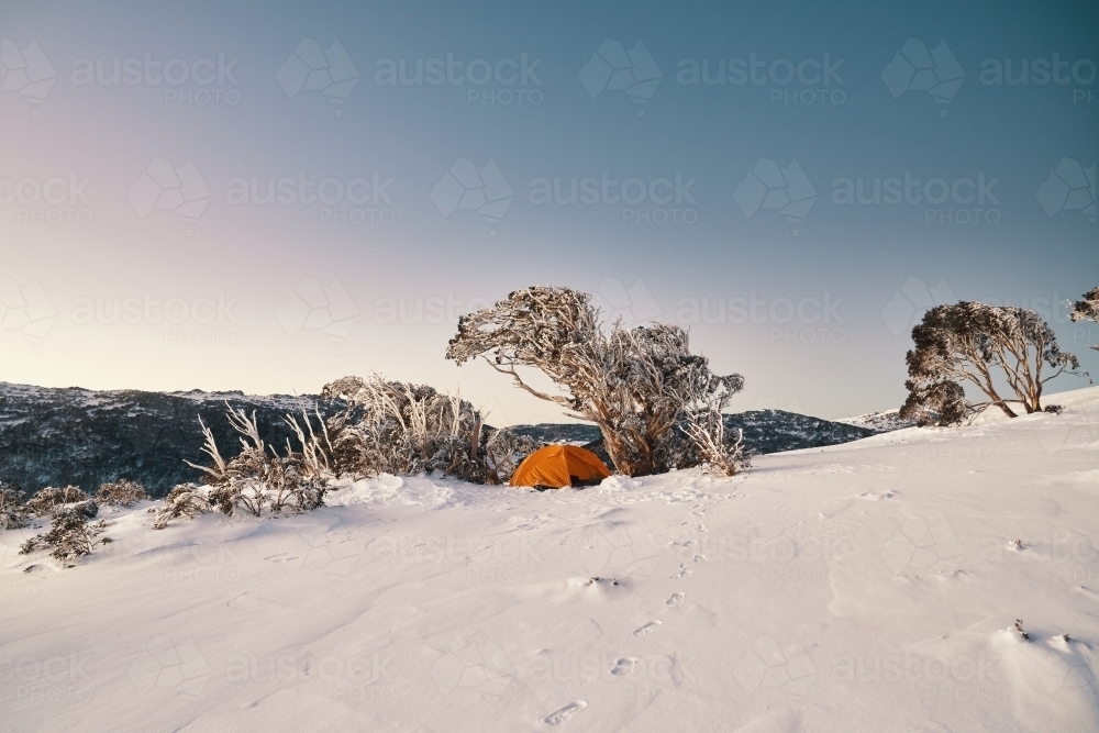 Snow camping in the Australian Backcountry in winter - Australian Stock Image