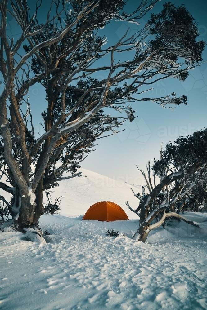 Snow camping in the Australian Backcountry in Winter - Australian Stock Image