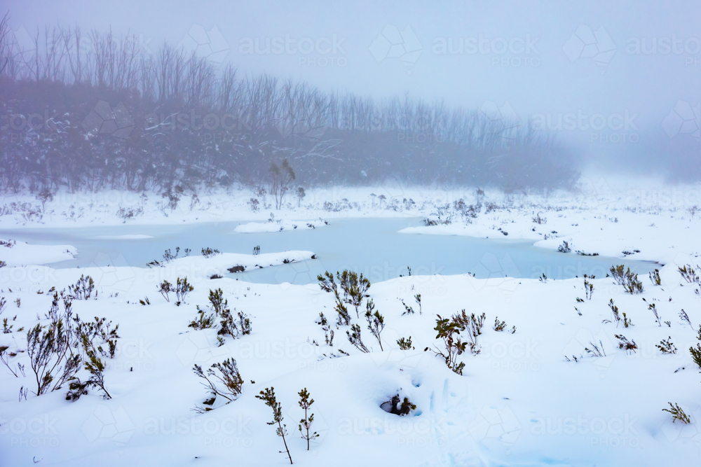 Snowy mountain landscape on a cold winter's day at Lake Mountain - Australian Stock Image