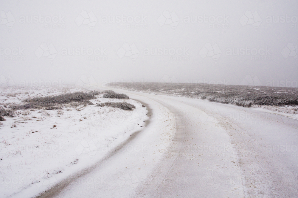Snowy track in the mist with low scrub - Australian Stock Image