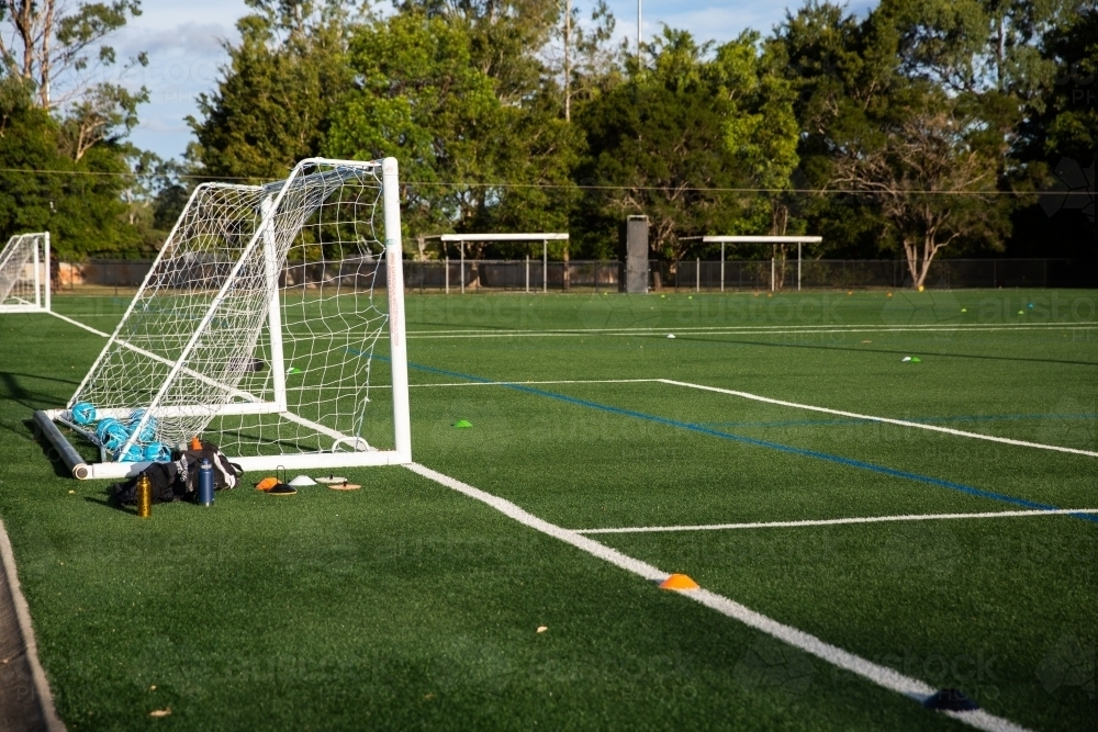 Image of soccer goal with equipment ready for training Austockphoto