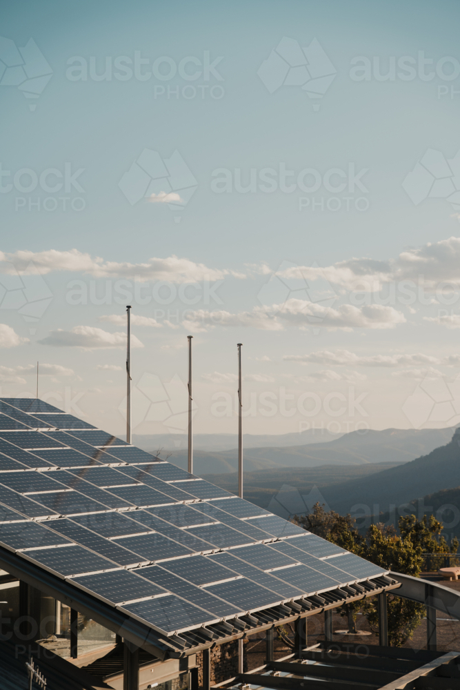 Solar energy panels at Echo Point overlooking Blue Mountains wilderness - Australian Stock Image