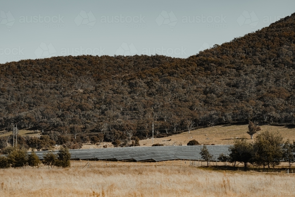 Solar farm panels for renewable energy with mountains in the background. - Australian Stock Image