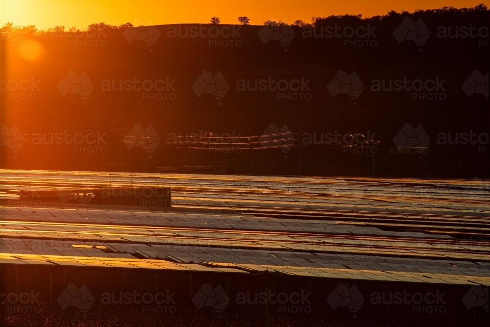 Solar farm panels reflecting the sunset colours - Australian Stock Image