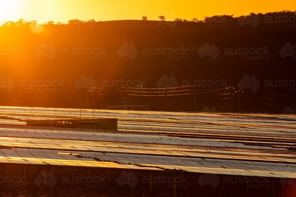 Solar farm panels reflecting the sunset colours - Australian Stock Image