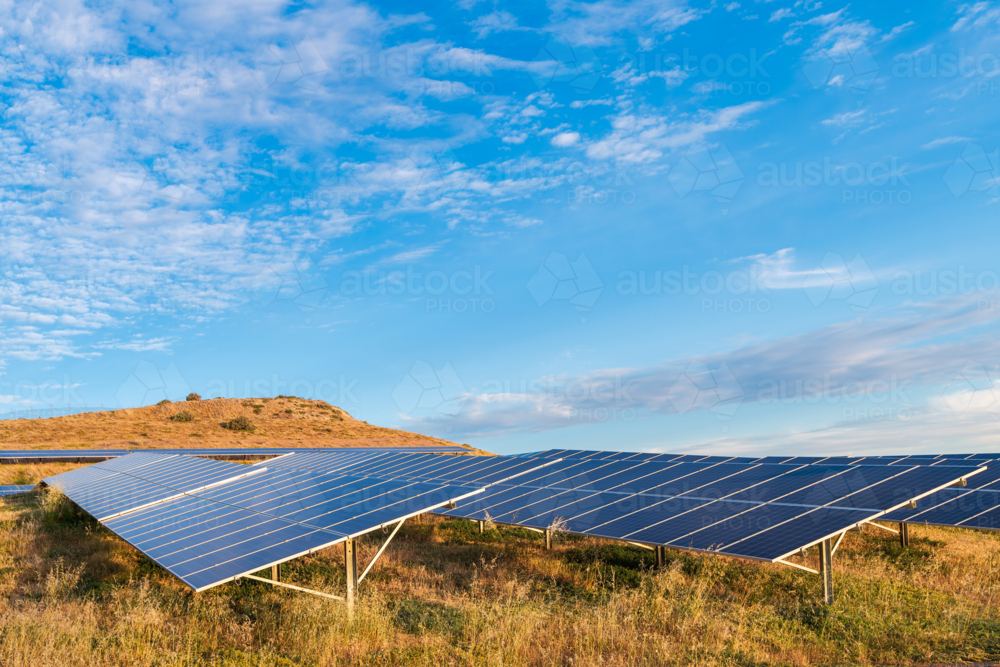 Solar panels at sunset located Adelaide suburban area, South Australia - Australian Stock Image