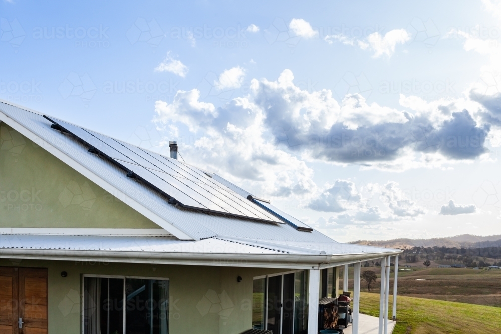solar panels on roof of homestead in country - Australian Stock Image