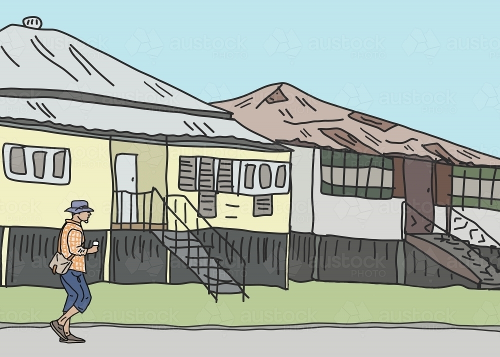 Solitary man walking along street past old houses with coffee in hand - Australian Stock Image