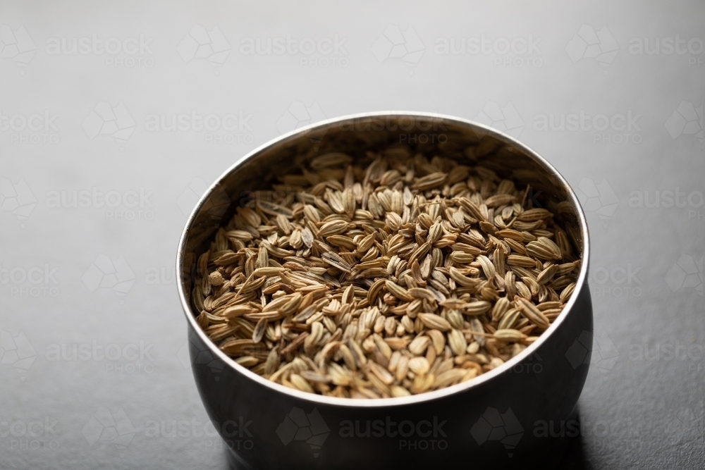 Spice tin of fennel seeds on dark background - Australian Stock Image