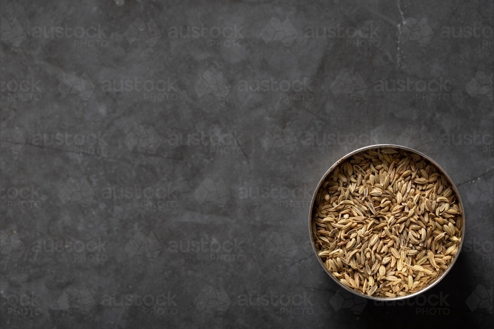 Spice tin of fennel seeds on dark background - Australian Stock Image