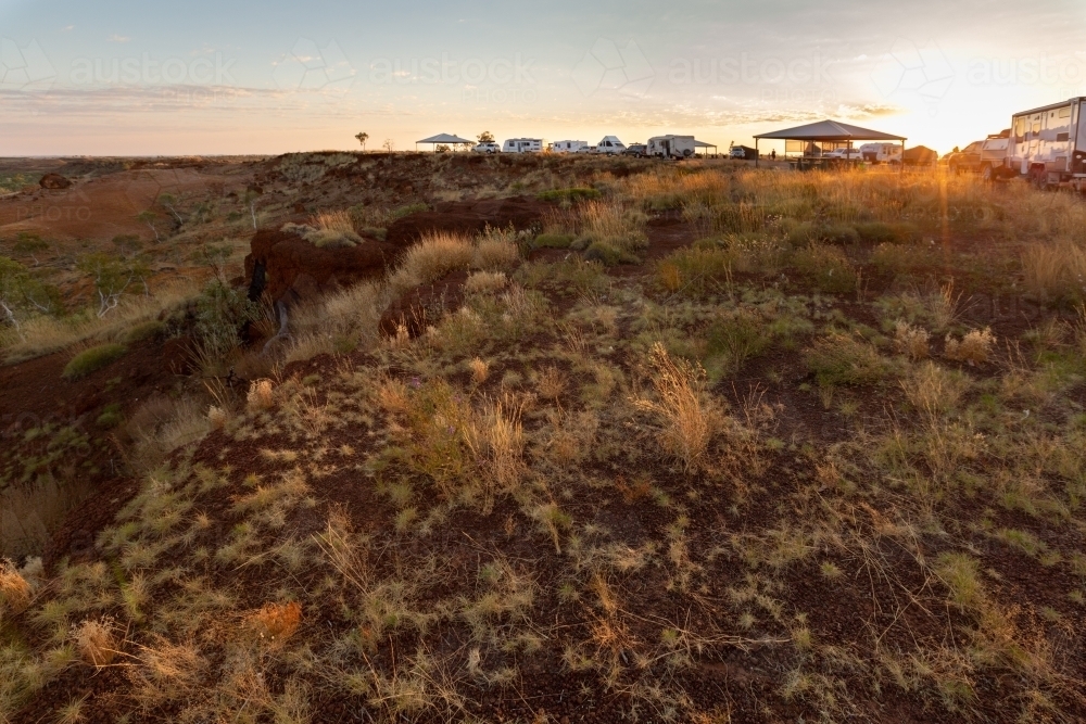 Spinifex in catching morning light in roadside rest area with caravans - Australian Stock Image