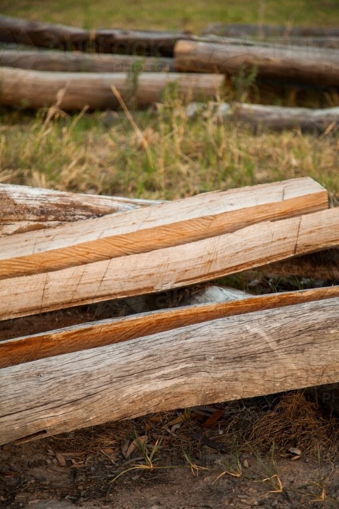 Image of Split logs for fence posts on a farm Austockphoto