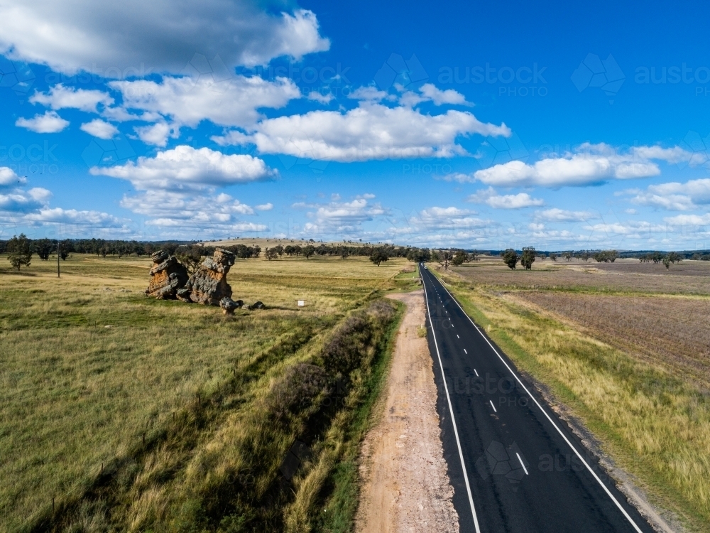 Split rock with tree growing in it beside Golden Highway - Australian Stock Image