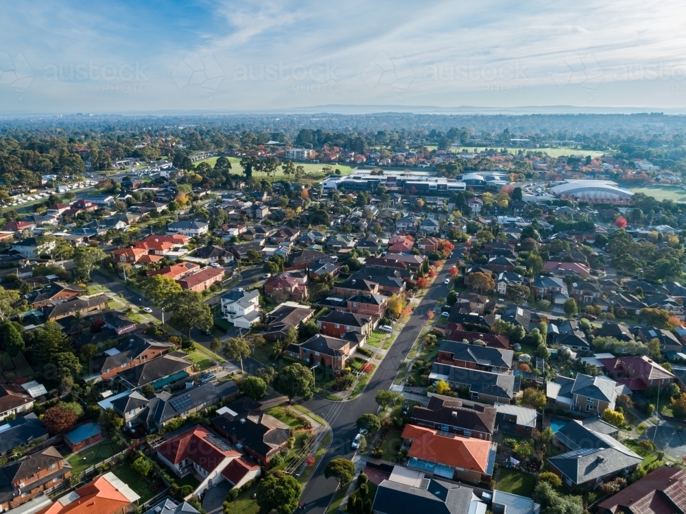 sports area with oval behind houses of Melbourne suburbia Vermont South : Austockphoto sports area with oval behind houses of Melbourne suburbia Vermont South - Australian Stock Image
