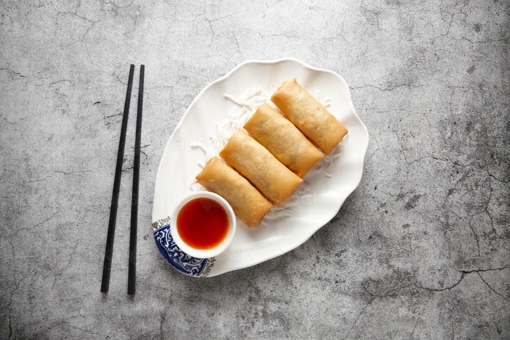Spring roll dish on table - Australian Stock Image