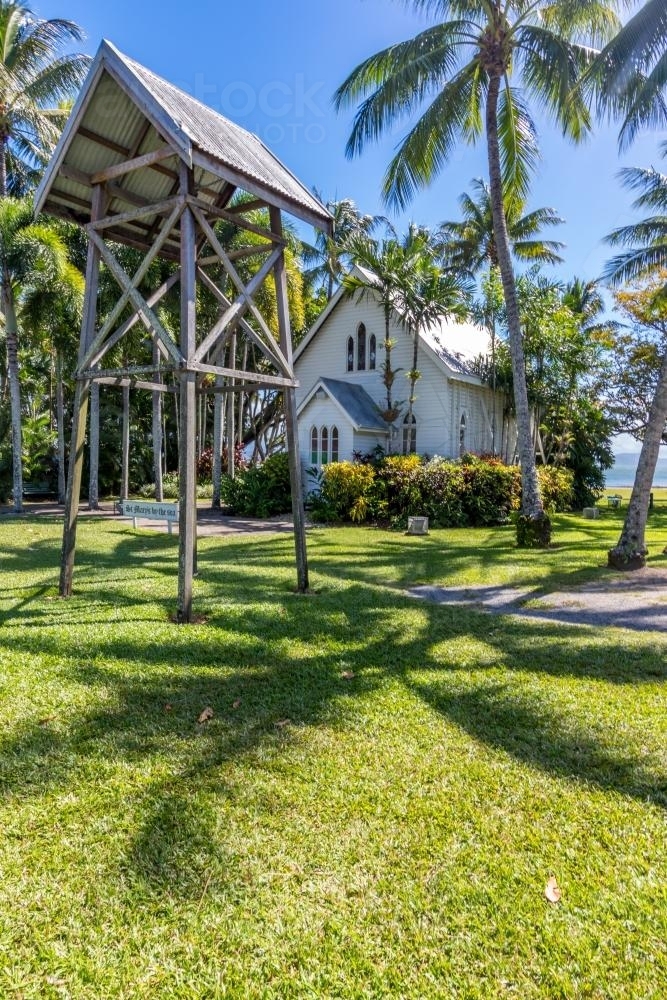 St Mary's by the sea, church under palm trees - Australian Stock Image