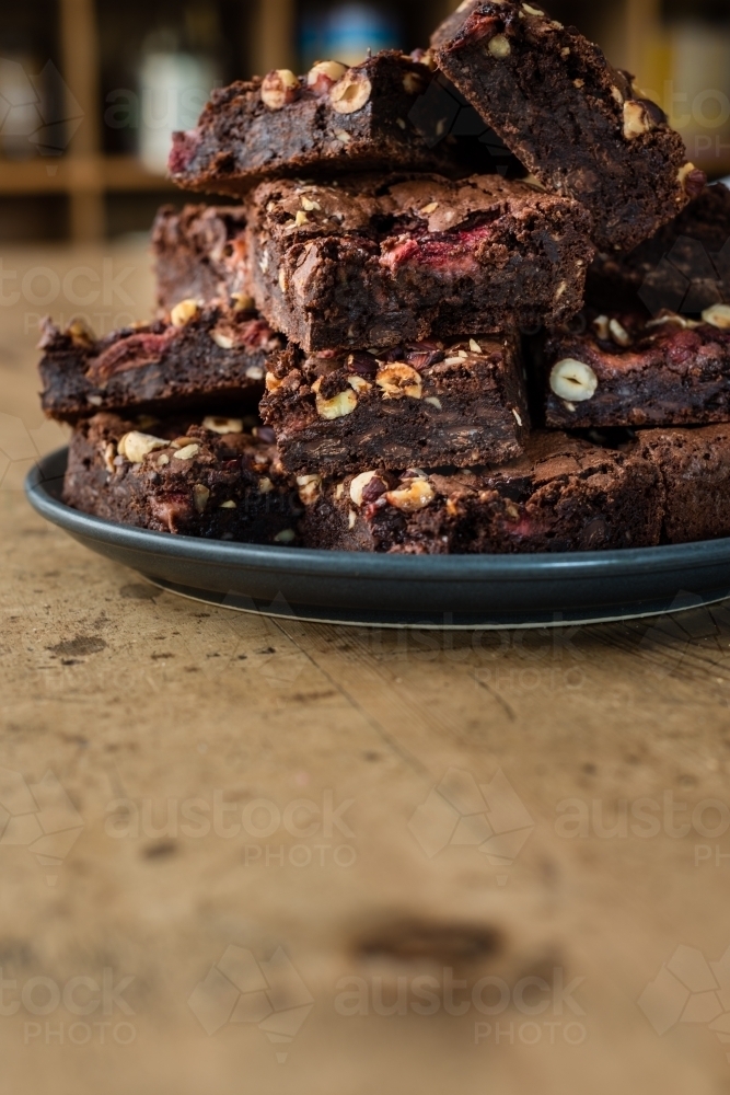stack of chocolate hazelnut strawberry brownie - Australian Stock Image