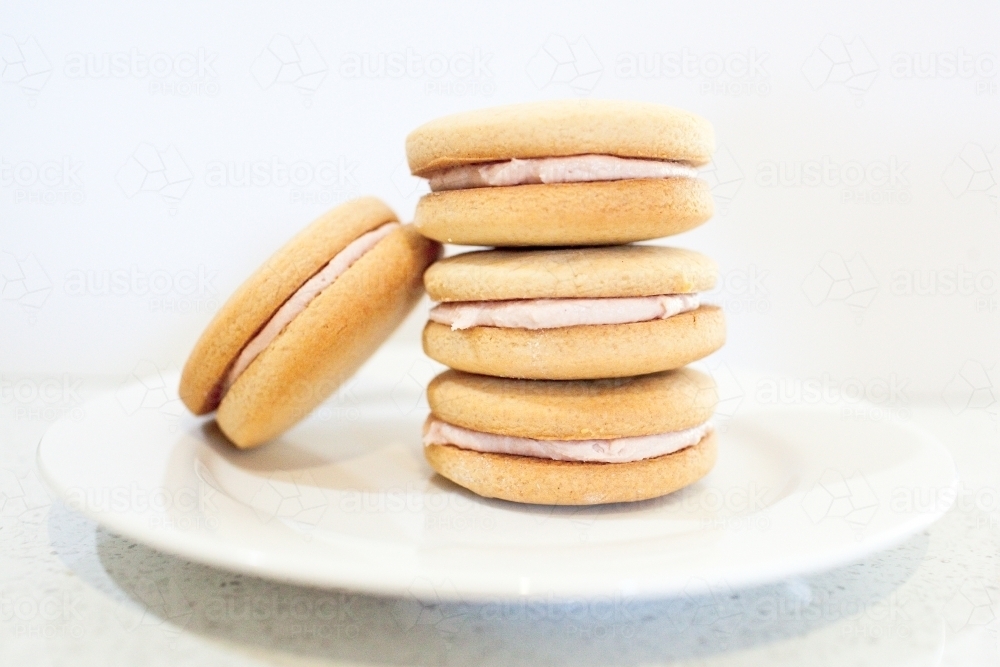 Stack of homemade Monte Carlo biscuits - Australian Stock Image