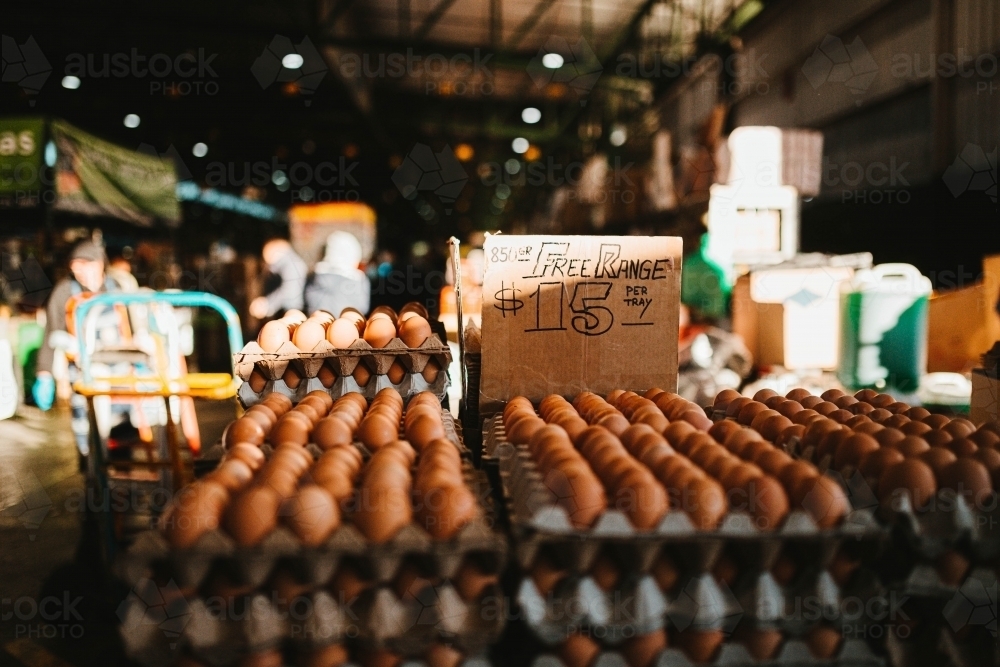 Stacks of fresh eggs on display for sale at Flemington Farmers Market in Sydney - Australian Stock Image