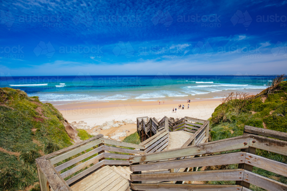 Staircase to the iconic Cape Woolamai Surf Beach on Phillip Island, Victoria, Australia - Australian Stock Image