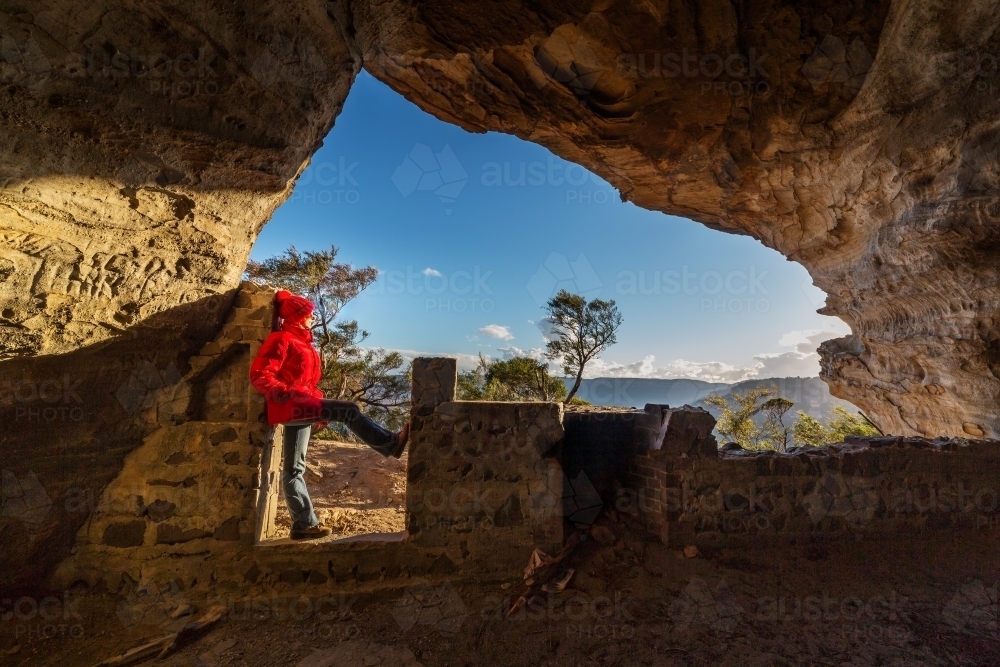 Standing in a cave in the upper Blue Mountains Australia - Australian Stock Image