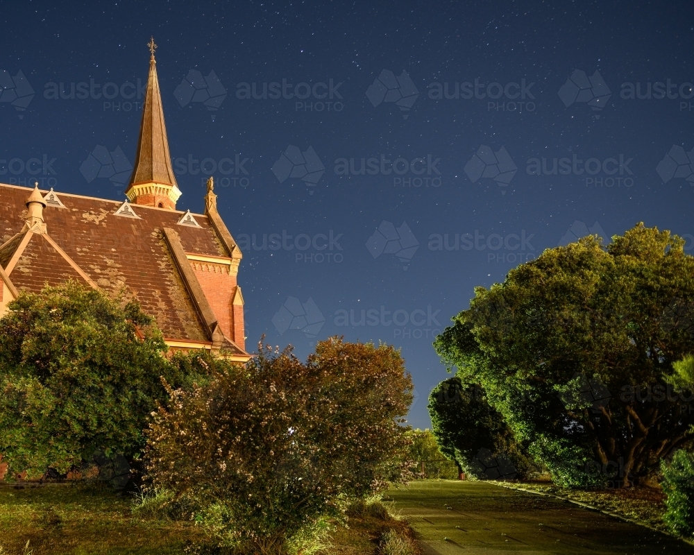 Stars and Castlemaine Church at night - Australian Stock Image