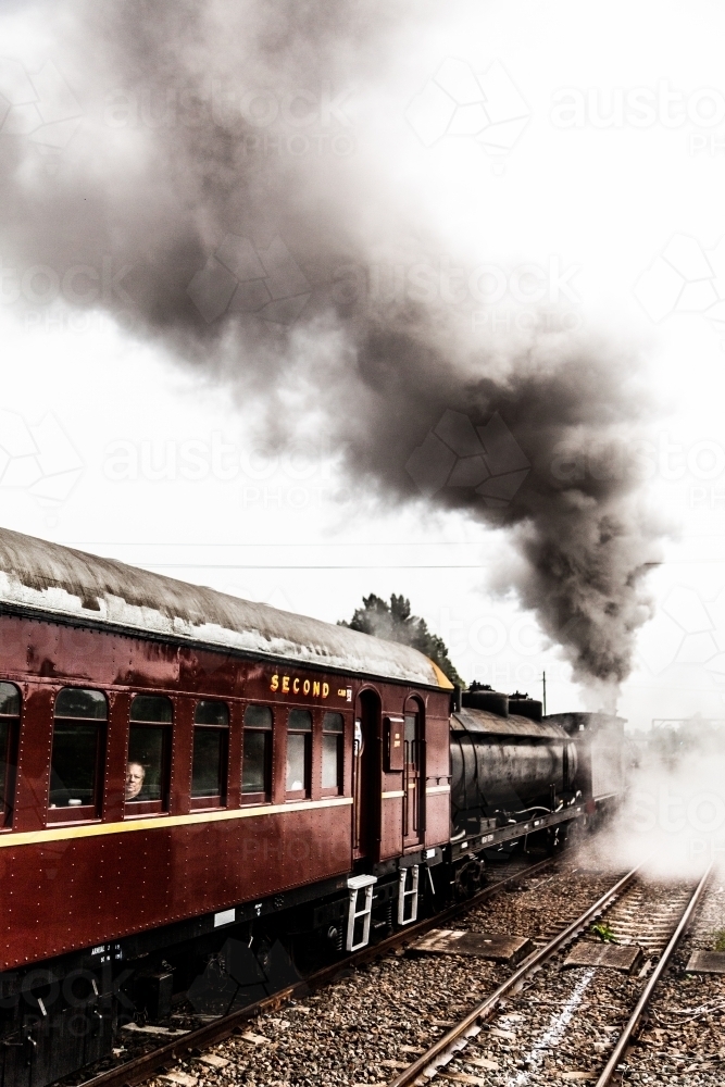 Steam train engine at Steamfest pulling out of the train station in Maitland - Australian Stock Image