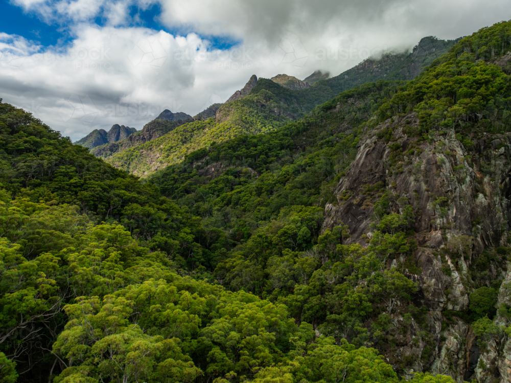 Steep forested valley and mountain peaks - Australian Stock Image