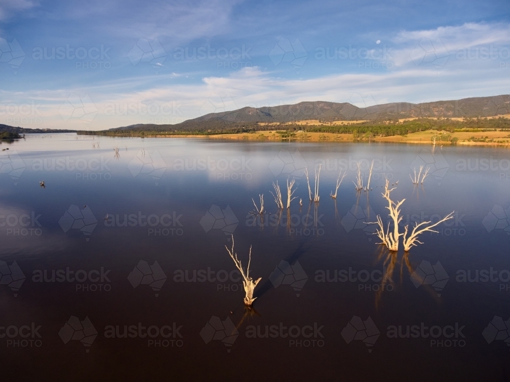Still water with distant tree lined bank of Lake Nillahcootie - Australian Stock Image