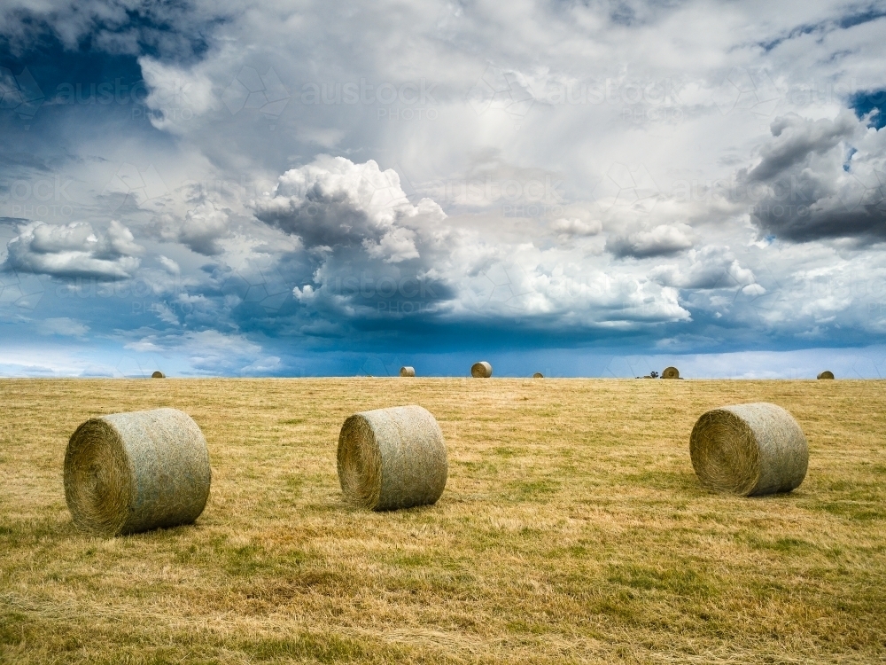 Storm clouds developing over round hay bales on farmland - Australian Stock Image