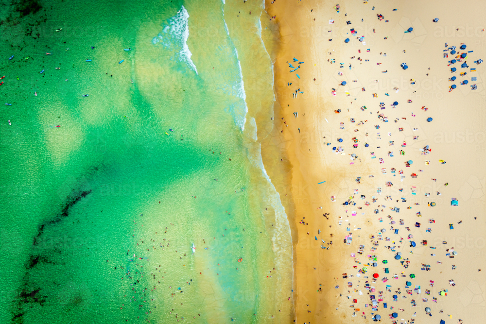 Straight down on the beach scene at Bondi, on a Summer Day - Australian Stock Image